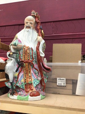 Lot 658 - Large Chinese porcelain figure of an Immortal, approx 68cm, with a box of collector's plates