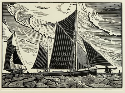 Lot 830 - *James Dodds (b.1957), signed limited edition linocut - 'Pioneer at Sea', 68/150, 55cm x 75cm, in glazed frame