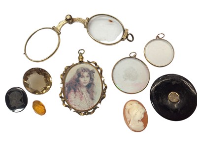 Lot 1066 - Group of glazed lockets, unmounted carved cameo shell, intaglios and pair of lorgnettes