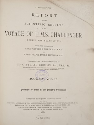 Lot 705 - Report on the Scientific Results of the Voyage of the H.M.S. Challenger during the Years 1873-76... Zoology, volume II, London: Longmans & Co., 1881. Including 30 30 hand-coloured bird plates, mode...