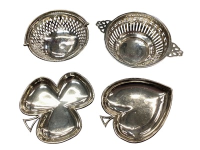 Lot 1078 - Two silver bon bon dishes with pierced decoration, together with a silver spade and club dish (4)