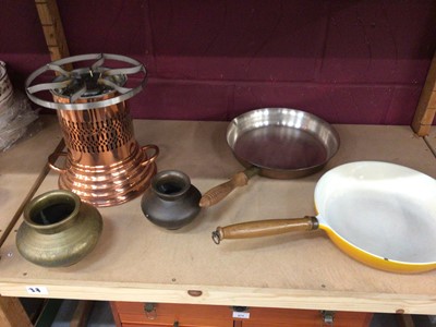 Lot 678 - Le Creuset pan, a tin-lined copper pan, two Indian bronze vases, and a Leon Jaeggi camping stove