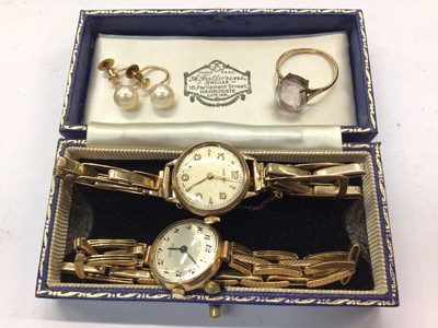Lot 1081 - Two 9ct gold cased wristwatches on 9ct gold bracelets, 9ct gold cocktail ring and a pair of 9ct gold screw back pearl earrings