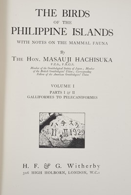 Lot 716 - Hachisuka - The Birds of the Philippine Islands with Notes on the Mammal Fauna, 4 parts in 2 vol., first edition, plates by Frohawk, Gronvold, Horsfall, Keulemans and others, 4to, 1931-35, modern h...