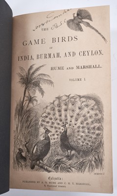 Lot 720 - Hume & Marshall - The game birds of India Burmah & Ceylon. Calcutta 1879-1881 subscribers edition 8vo 3 volumes, coluour lithographic plates, original decorative green cloth