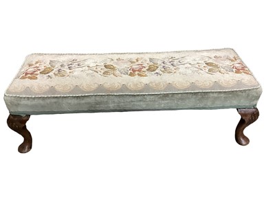 Lot 1269 - Mahogany framed duet footstool with floral tapestry top on cabriole legs, 95cm wide, 18cm high