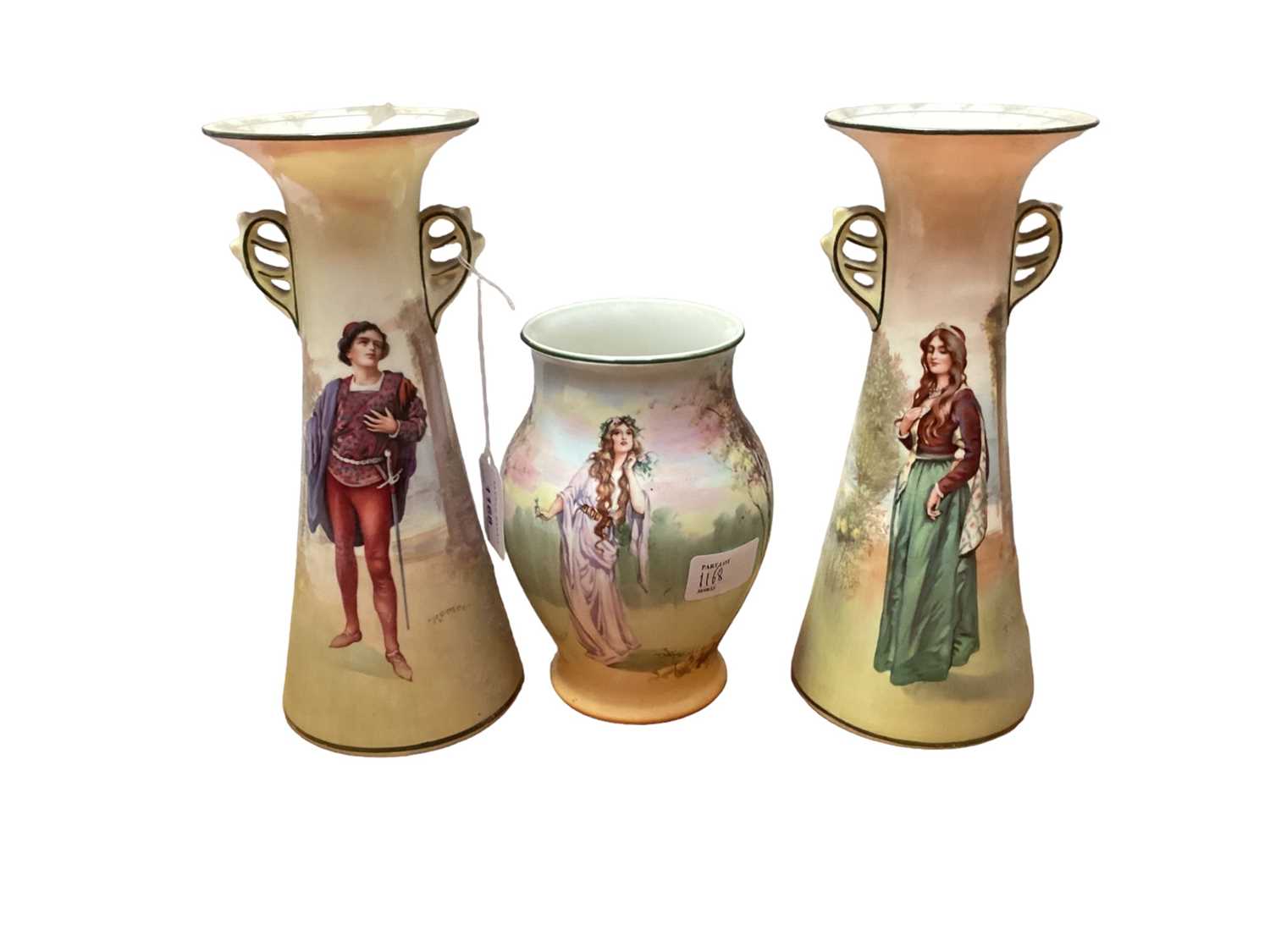 Lot 1168 - Pair of Royal Doulton series ware vases - Romeo and Juliet, together with another Royal Doulton vase