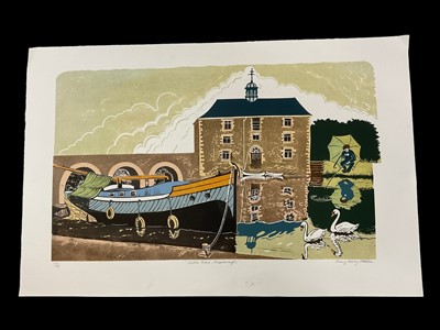 Lot 271 - Penny Berry Paterson (1941-2021) signed colour linocut print - 'Custom House Peterborough', 20/22, 51cm x 82cm, framed