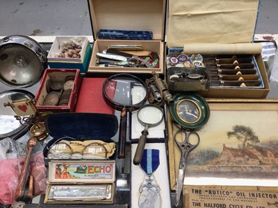 Lot 383 - Group of penknives, old whistles, badges, coins, magnifying glasses and sundry items