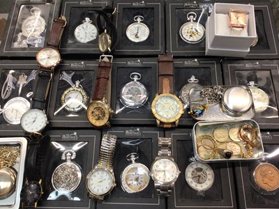 Lot 1086 - Group of The Hertiage Collection pocket watches, all boxed, together with other wristwatches, small group of coins and jewellery