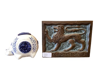 Lot 1137 - Susie Cooper Vase, another Art pottery vase, Linthorp vase, 1937 coronation tile and other pieces