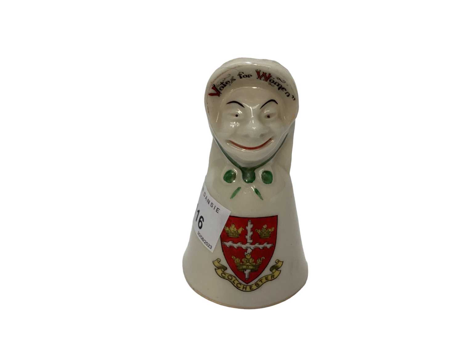 Lot 1116 - Colchester & Suffragette Interest- scarce Carlton China crested ware table bell, captioned Votes for Women, she shall have votes, retailed by Sand & Son, High Street Colchester