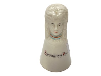 Lot 1116 - Colchester & Suffragette Interest- scarce Carlton China crested ware table bell, captioned Votes for Women, she shall have votes, retailed by Sand & Son, High Street Colchester