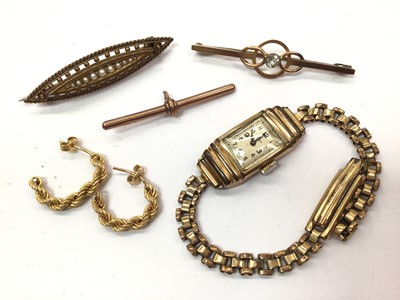 Lot 1090 - Victorian 15ct gold and seed pearl brooch, 9ct gold bar brooch, 9ct gold T-bar, pair of yellow metal rope twist half hoop earrings and a vintage gold plated wristwatch