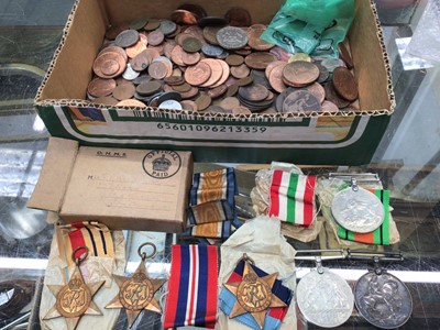 Lot 384 - WWI war medal, WWII medal group and box of issue, together with a group of various coins