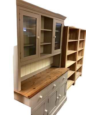 Lot 1283 - Good quality painted pine two height dresser with central open shelves above flanked by two glazed doors, three drawers and three panelled doors below, 155.5cm wide, 46,5cm deep, 212cm high