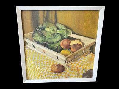 Lot 257 - Liz Beerbohm (contemporary) oil on board, basket of vegetables, inscribed verso, 62 x 61cm