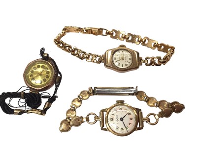 Lot 1100 - 14ct gold cased Luxor watch, 9ct gold cased Chalet watch, both on gold plated bracelets and a 9ct rose gold watch on black cord strap (3)