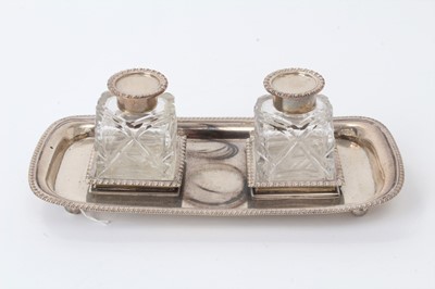 Lot 152 - George III silver ink stand of rectangular form, with gadrooned borders, on four ball feet