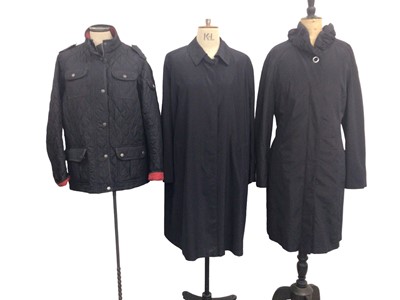 Lot 2071 - Women's Barbour Wootton quilt jacket ,size 18, Moncler navy mac, Fachs Schmitt new with tags navy mac,size 18 and navy trench cost style mac, size 14.