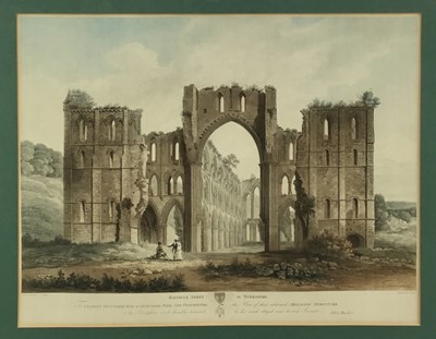 Lot 194 - Early 19th century coloured aquatint, engraved by R Reeve. “Rievaulx Abbey, In Yorkshire”. Published 1810. by John Buckler, Surrey. Mounted and framed. Overall including frame 66.5x89.5cm