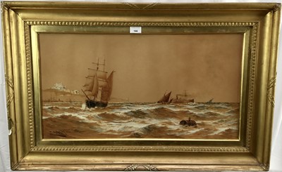 Lot 166 - Thomas Bush Hardy, British 1842-1897. Marine watercolour, ships at full mast with castle in the background, “Outward Bound”. Signed, titled and dated 1880 lower left. In gilt frame with slip. Overa...