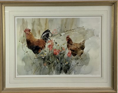 Lot 163 - Perri Duncan, Scottish b.1958. Lithograph, “Poppycock”. Chickens with poppies and daisies. Signed, titled and numbered 314/550 in pencil to the margin. Framed and mounted. Overall including frame 6...