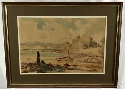 Lot 190 - Harry Riley, British 1895-1966. Impressionist watercolour, “Ravenglass Cumberland”. Moored boat beside village. Signed inscribed and dated 1960 lower right. Mounted and framed. Overall including fr...