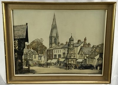 Lot 187 - Michael Reilly, British b.1898. Watercolour, titled verso “The Square, Ruthin N Wales”.  Signed lower right. Framed. Overall including frame 46x59cm