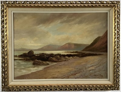 Lot 156 - Herbert J Day, American 1875-1950. Oil on canvas, a coastal rocky shoreline at dusk. Signed lower right. Framed. Overall including frame 53x69cm