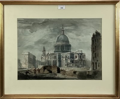 Lot 150 - John Stow, British School, 20th century. Watercolour, wash and gum arabic study. Titled verso “St Pauls Cathedral after war, London”. A bold study of St Pauls with figures overlooking damage caused...