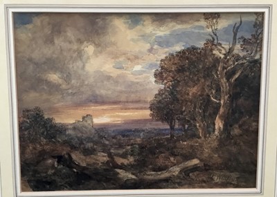 Lot 129 - 19th century British School. Watercolour study of a landscape and sunset picking out a castle in the background. Indistinctly signed lower right. Framed and mounted. Overall including frame 50.5x57...