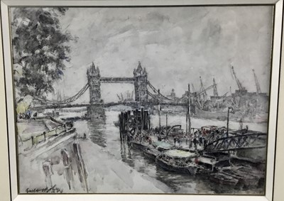 Lot 184 - G John, British 20th Century Impressionist School. Mixed media, London Bridge and a view of the Thames, London. Signed lower left. Framed and mounted. Overall including frame 43x52cm