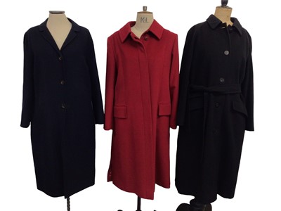 Lot 2073 - Four womens good quality winter coats, Aquascutum navy cashmere coat and red wool and angora coat both size 14 regular, Max Mara wool and angora unlined coat size 16 and Joseph wool with cashmere c...