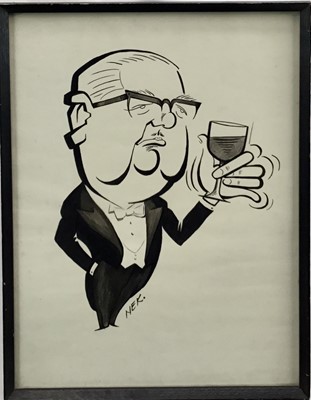 Lot 170 - Signed Nek, an ink Caricature of a Gentleman with a glass of wine, inscribed “Christmas 1961” and signed multiple times on the reverse. Framed. 35.5x27cm