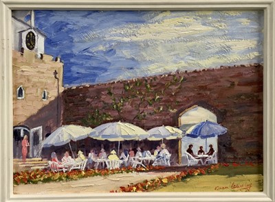 Lot 176 - Brian Crossley, 20th century British. Impasto impressionist oil on board, diners on a terrace. Signed lower right. Framed. 29x39.5cm