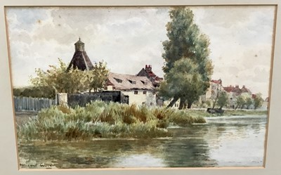Lot 86 - Millicent Grace, b.1876. Victorian watercolour riverside landscape. Signed lower left. Framed. 19.5x30cm