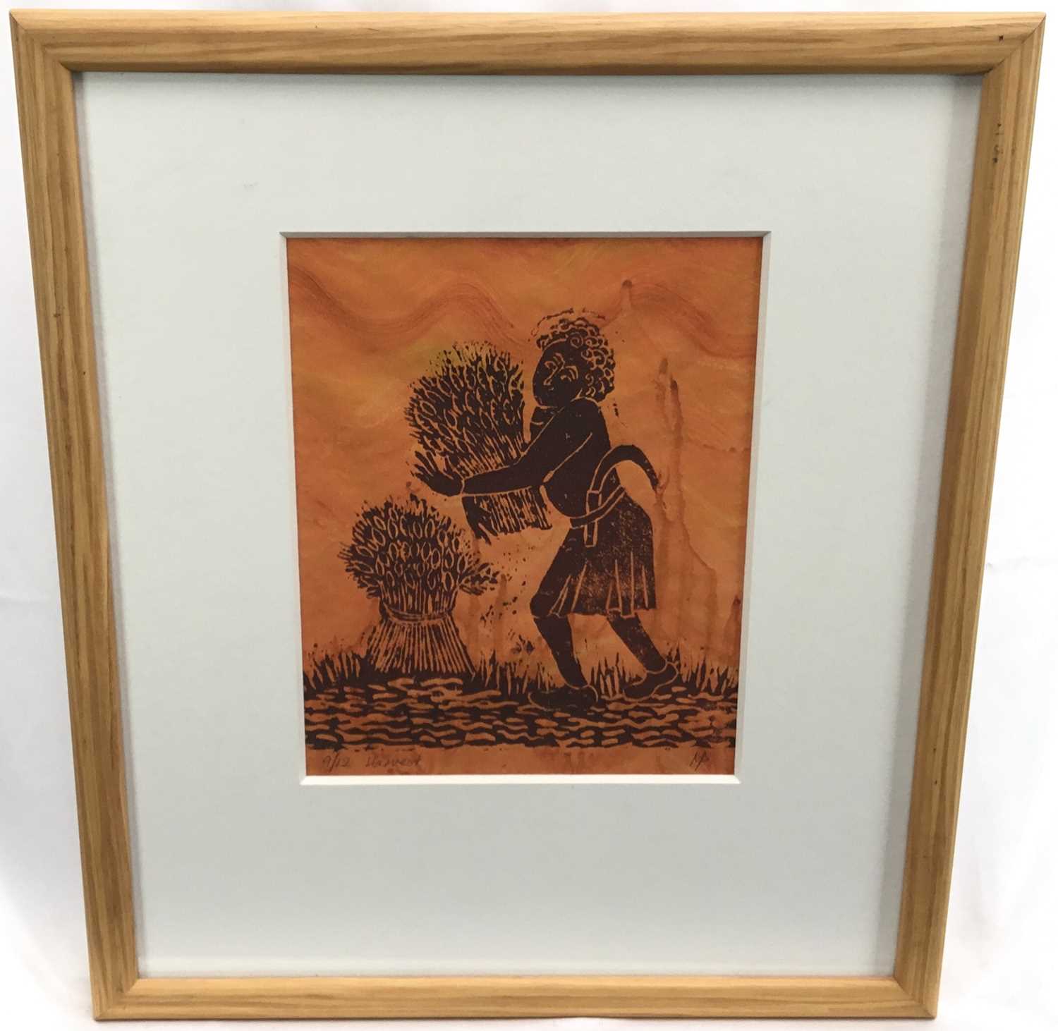 Lot 85 - Contemporary British school. Woodblock, “Harvest”. Signed “MP” and numbered “9/12”. Framed. 25x19.5cm