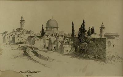 Lot 160 - George Henry Benton Fletcher, 1866-1944. Graphite on paper, scene of the Dome of the Rock, Jerusalem. Signed and dated lower left 1922. Framed. 26x57cm