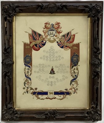 Lot 192 - Family Of Portal, Victorian family tree in watercolour heightened in gilt, “Lucy Portal Delin 1849”. In its original highly decorative carved oak frame. 55x42cm