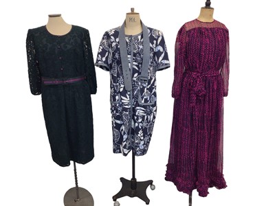 Lot 2074 - Designer Stuart Parvin Corture, three silk/cotton day dresses. Four evening dresses and one polka dot dress by Donald Campbell and polka dot dress by Paul Smith. Plus a studded suede YSL belt.