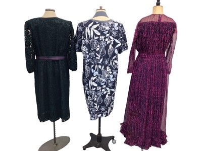 Lot 2074 - Designer Stuart Parvin Corture, three silk/cotton day dresses. Four evening dresses and one polka dot dress by Donald Campbell and polka dot dress by Paul Smith. Plus a studded suede YSL belt.