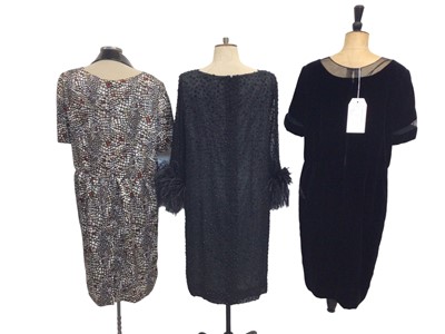 Lot 2074 - Designer Stuart Parvin Corture, three silk/cotton day dresses. Four evening dresses and one polka dot dress by Donald Campbell and polka dot dress by Paul Smith. Plus a studded suede YSL belt.