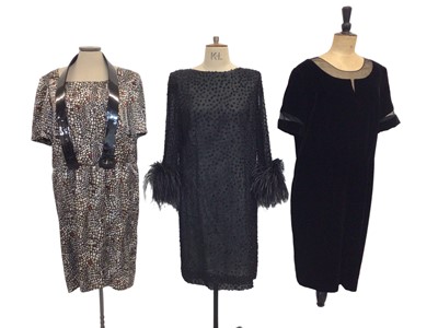 Lot 2074 - Designer Stuart Parvin Corture, three silk/cotton day dresses. Four evening dresses and one polka dot dress by Donald Campbell and polka dot dress by Paul Smith. Plus a studded suede YSL belt.