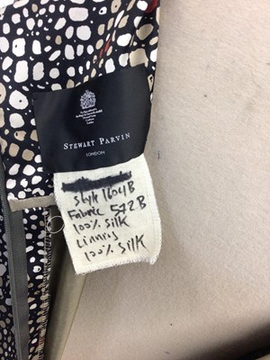 Lot 2074 - Designer Stuart Parvin Corture, three silk/cotton day dresses. Four evening dresses and one polka dot dress by Donald Campbell and polka dot dress by Paul Smith. Plus a studded suede YSL belt.