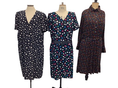 Lot 2074 - Designer Stuart Parvin Corture, three silk/cotton day dresses. Four evening dresses and one polka dot dress by Donald Campbell and polka dot dress by Paul Smith. Plus a studded suede YSL belt.