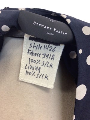 Lot 2074 - Designer Stuart Parvin Corture, three silk/cotton day dresses. Four evening dresses and one polka dot dress by Donald Campbell and polka dot dress by Paul Smith. Plus a studded suede YSL belt.