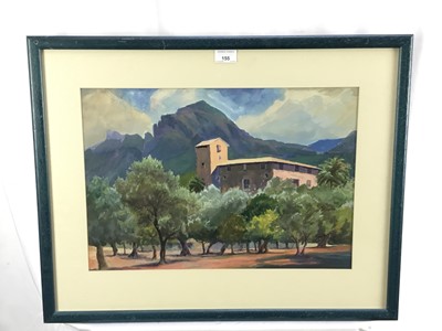 Lot 155 - Herbert Frederic Harwood Eve, 1891-1989. Gouache on paper, titled verso to frame “Monastery, Soller, Majorca”. Signed lower right. Framed. 33.5x49cm