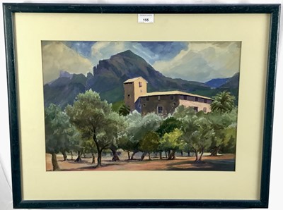 Lot 155 - Herbert Frederic Harwood Eve, 1891-1989. Gouache on paper, titled verso to frame “Monastery, Soller, Majorca”. Signed lower right. Framed. 33.5x49cm