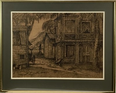 Lot 153 - Peter Rice, British 1928-2015, stage designer and artist. Pen and ink / pencil on laid brown paper, set design backcloth for “The Violins of St. Jacques”. Inscribed and with gallery label verso. 38...